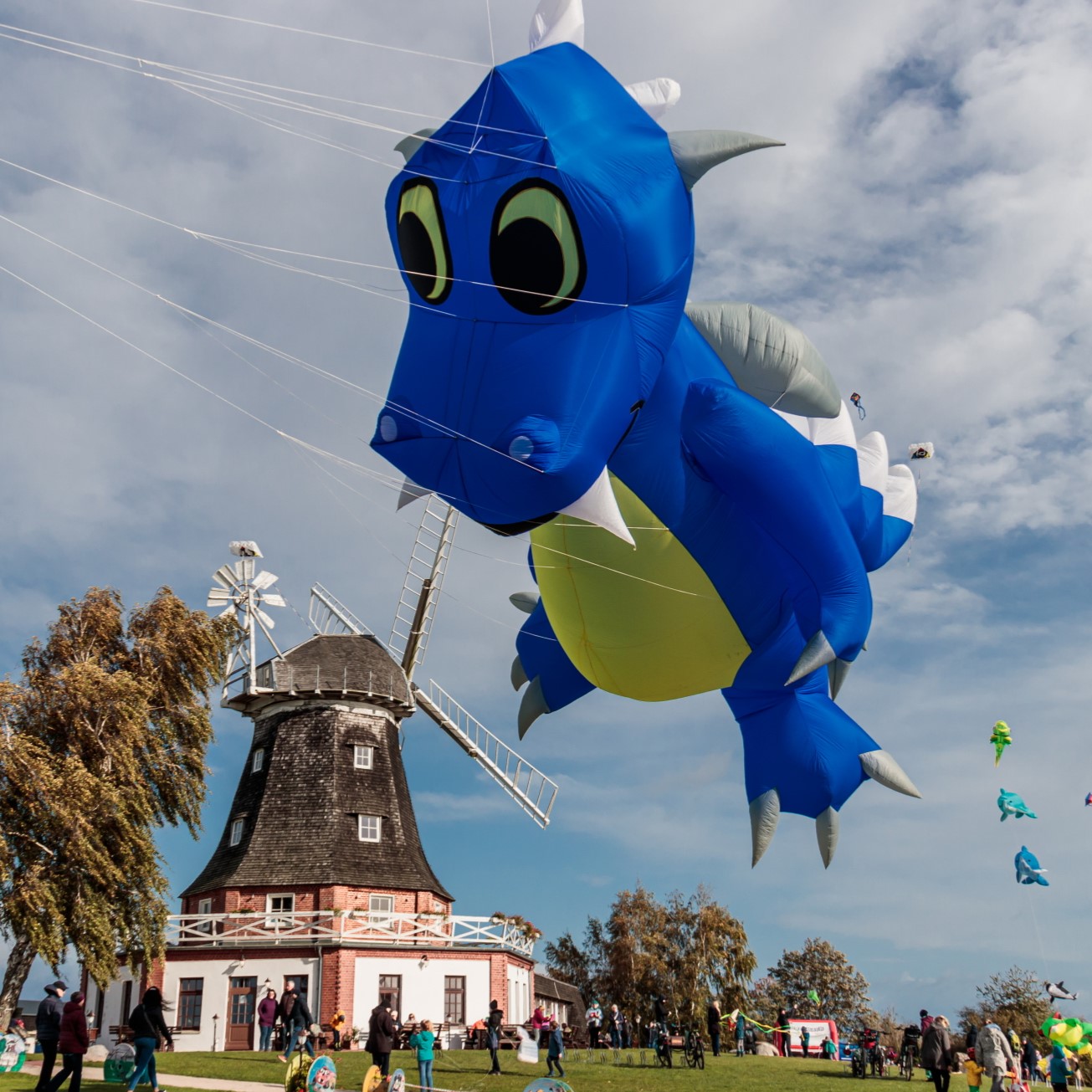 A large blue flying kite hovers over the Klützer Mühle, which can be seen in the background.